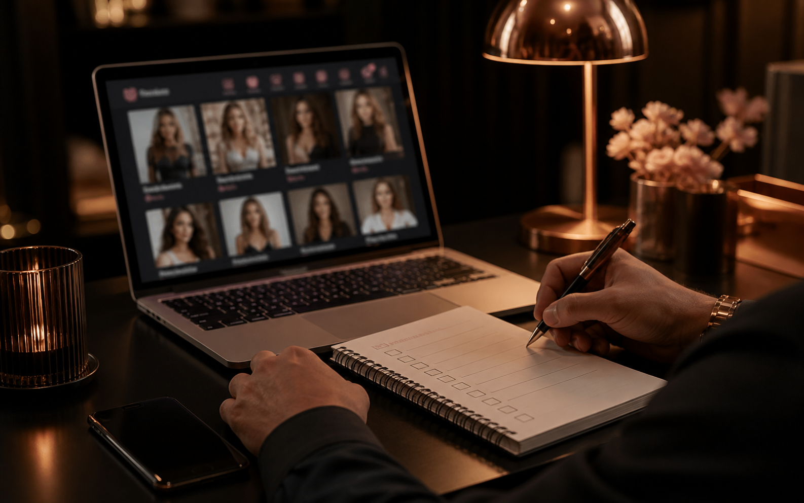 Online dating profile screening checklist on a dark desk